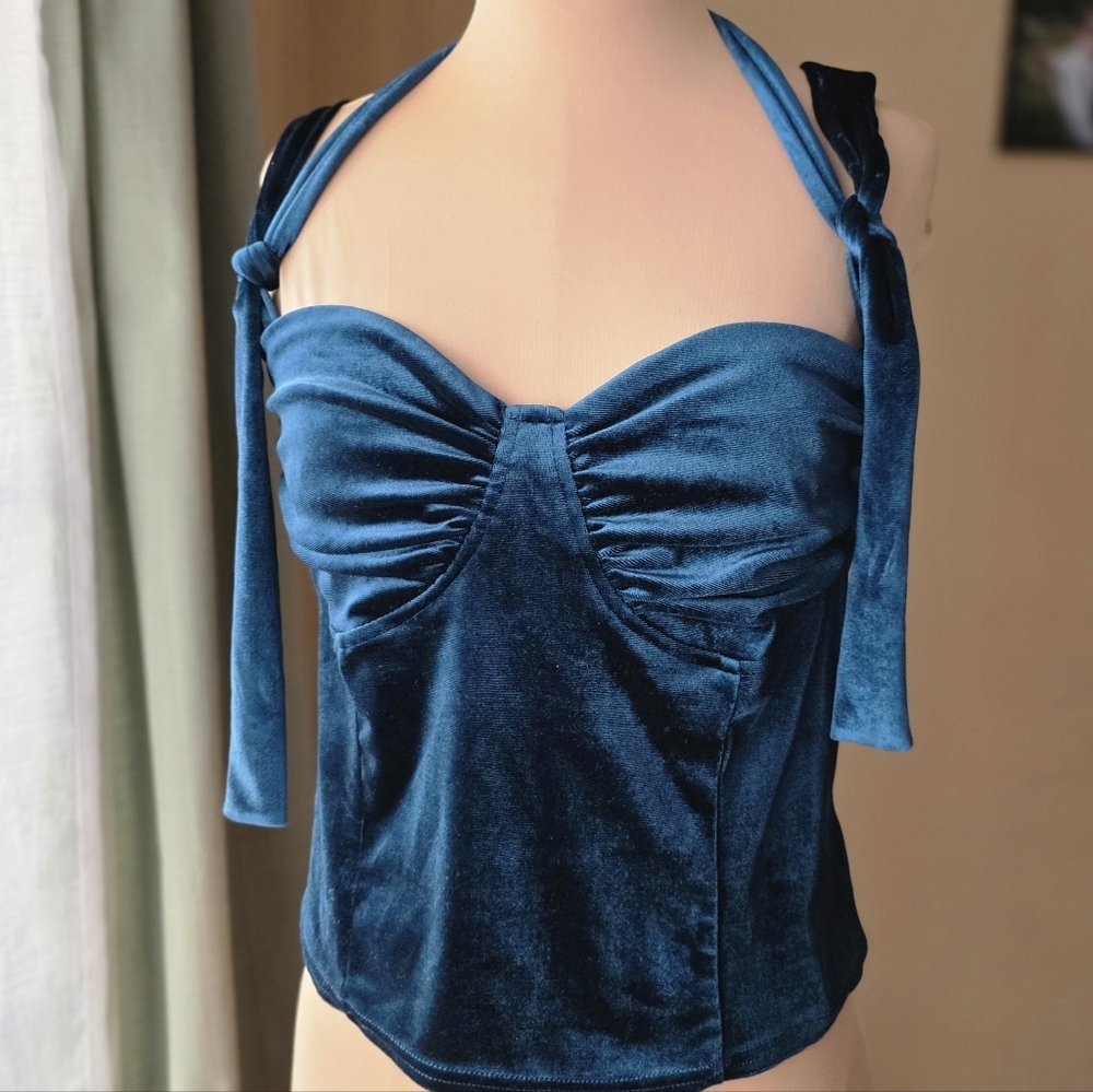 Teal Velvet Cami Corset Tank Top Adjustable Tie Straps If By Sea Women's Large - Picture 3 of 13